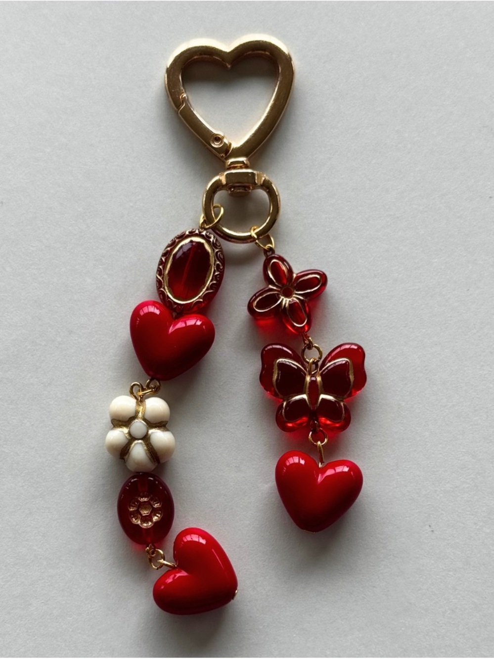 Gold-Tone Red Heart & Butterfly Charm Keychain
